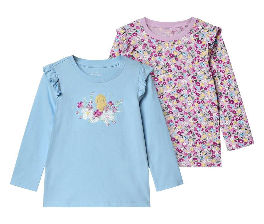 Dwa dziecięce T-shirty z długim rękawem, jeden jasnoniebieski z kurczakiem i kwiatami, drugi fioletowy we wzory kwiatowe.