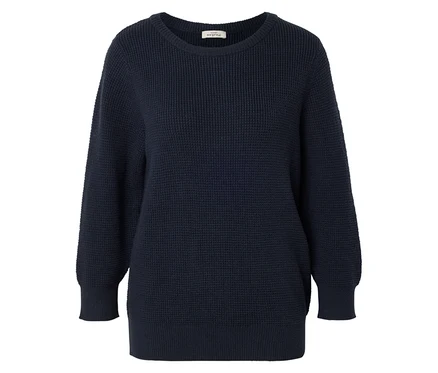 Granatowy sweter z długim rękawem i okrągłym dekoltem.