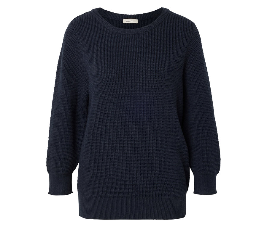 Granatowy sweter z długim rękawem i okrągłym dekoltem.