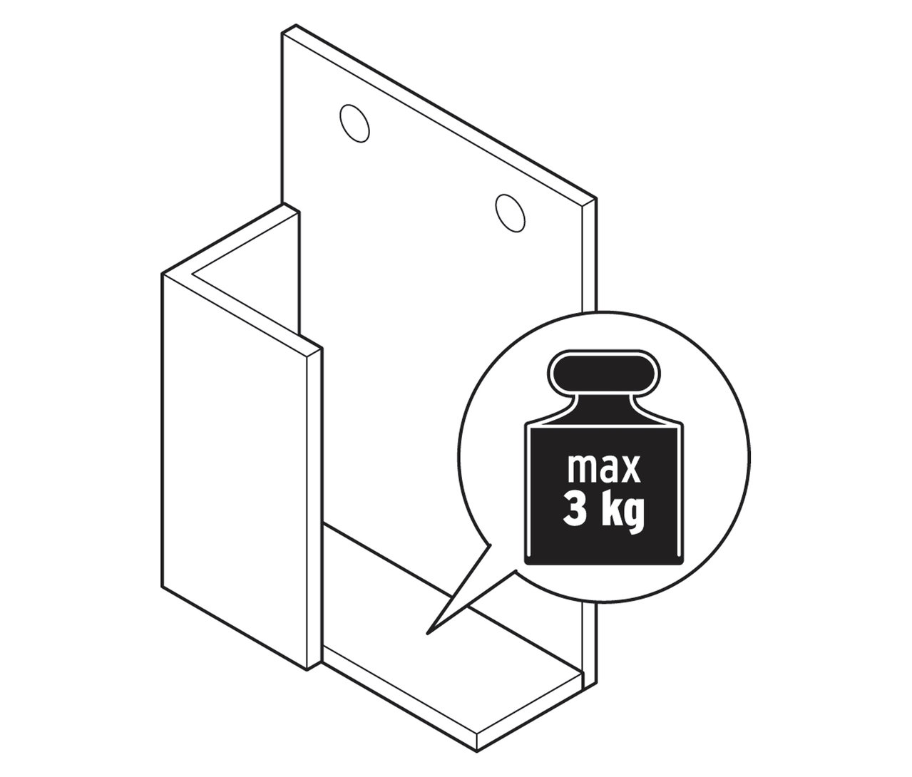 Ilustracja wspornika półki z Zestawu 3 półek z litego drewna ze wskazaniem wagi maksymalnej 3 kg.