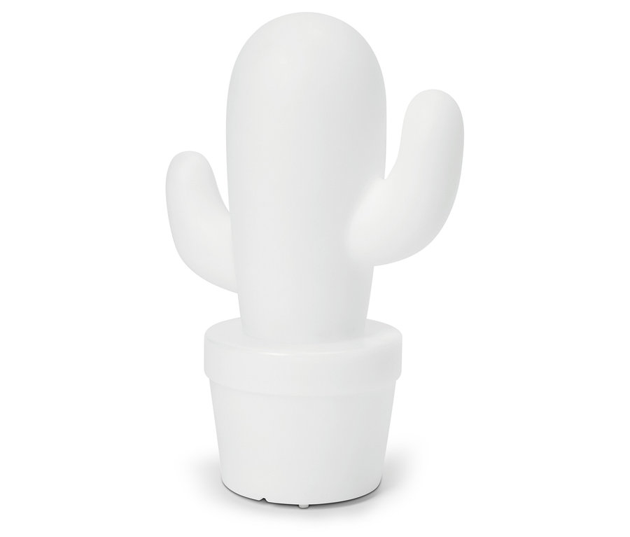 Biała lampka w kształcie kaktusa w doniczce na białym tle.