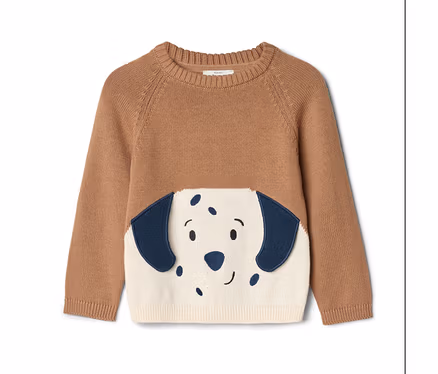 Brązowy sweter dziecięcy z białym i niebieskim psem na przodzie.