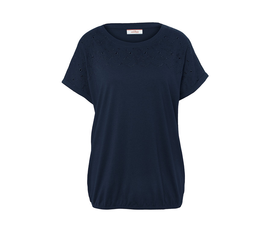 Granatowa koszulka damska z krótkimi rękawami z haftem.