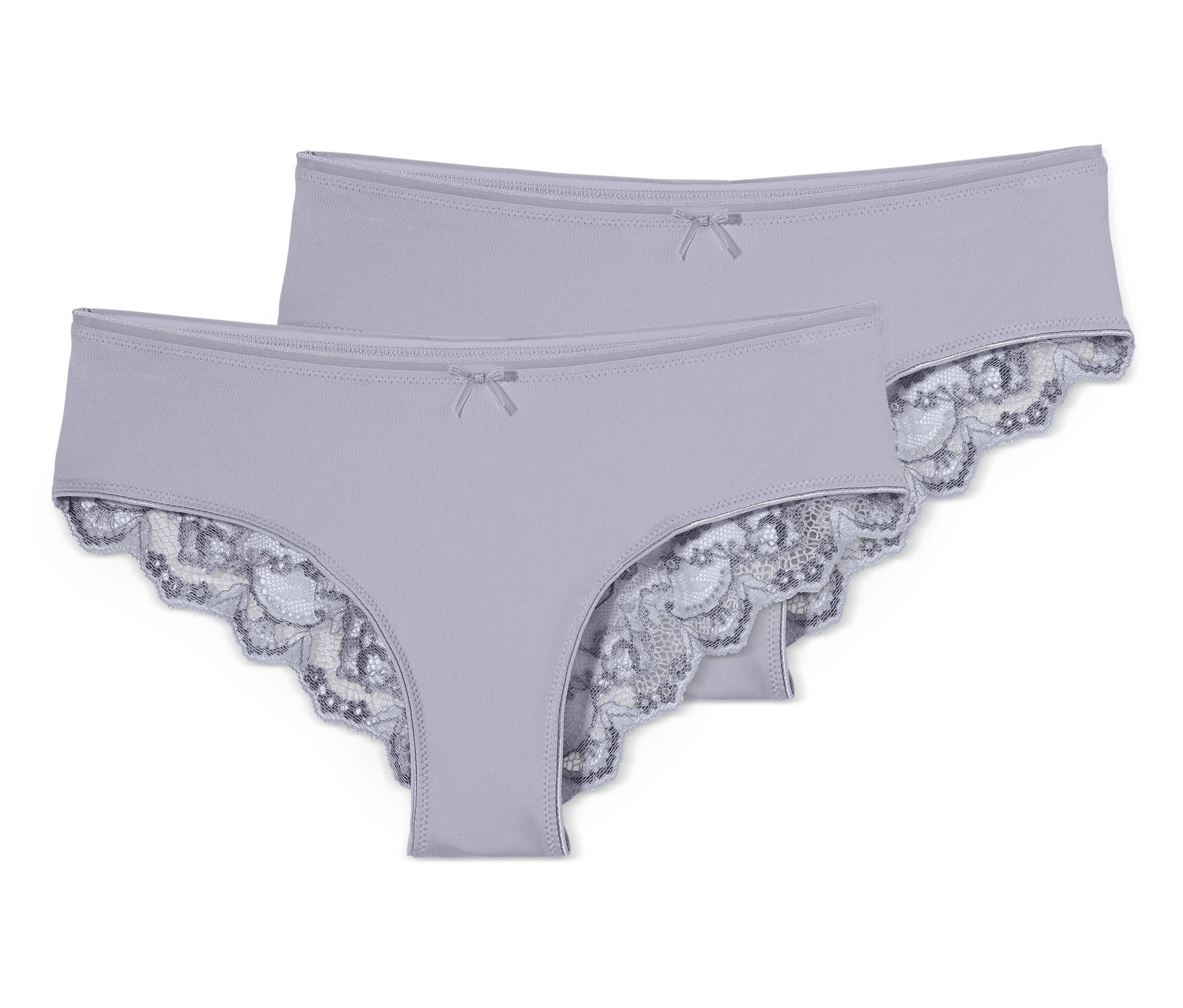 Dwie pary damskich, brazylijskich fig w kolorze jasnofioletowym, wykończone koronką.