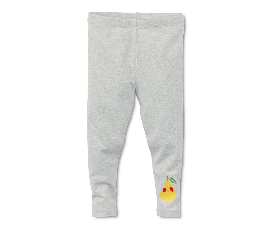 Jasnoszare legginsy, 2 pary, z narysowaną gruszką na nogawce.