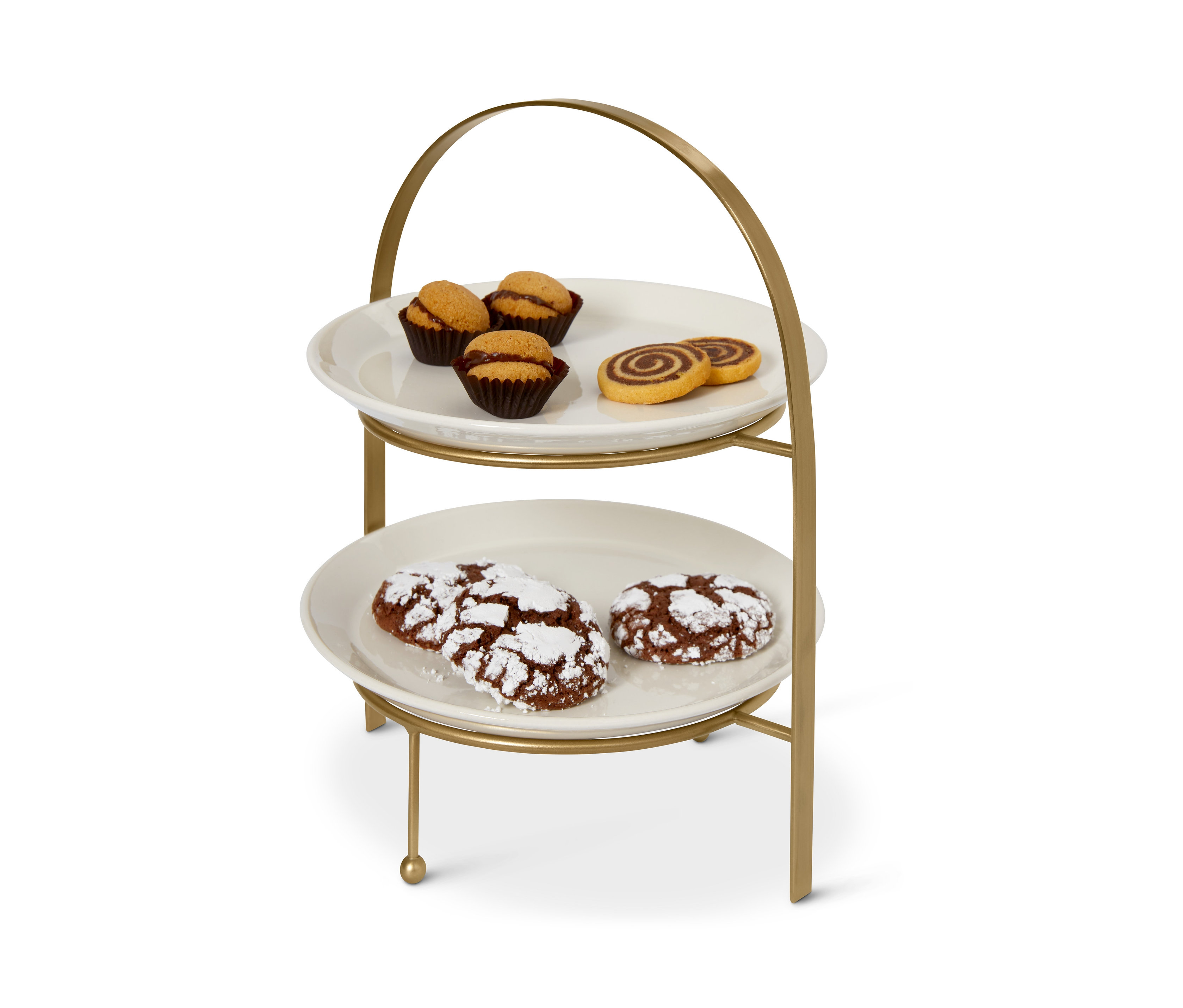 Patera piętrowa z ciastkami na górze i ciastkami czekoladowymi na dole.