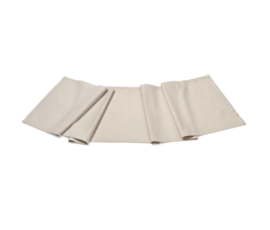 Bieżnik żakardowy w kolorze złamanej bieli leży na białym tle.