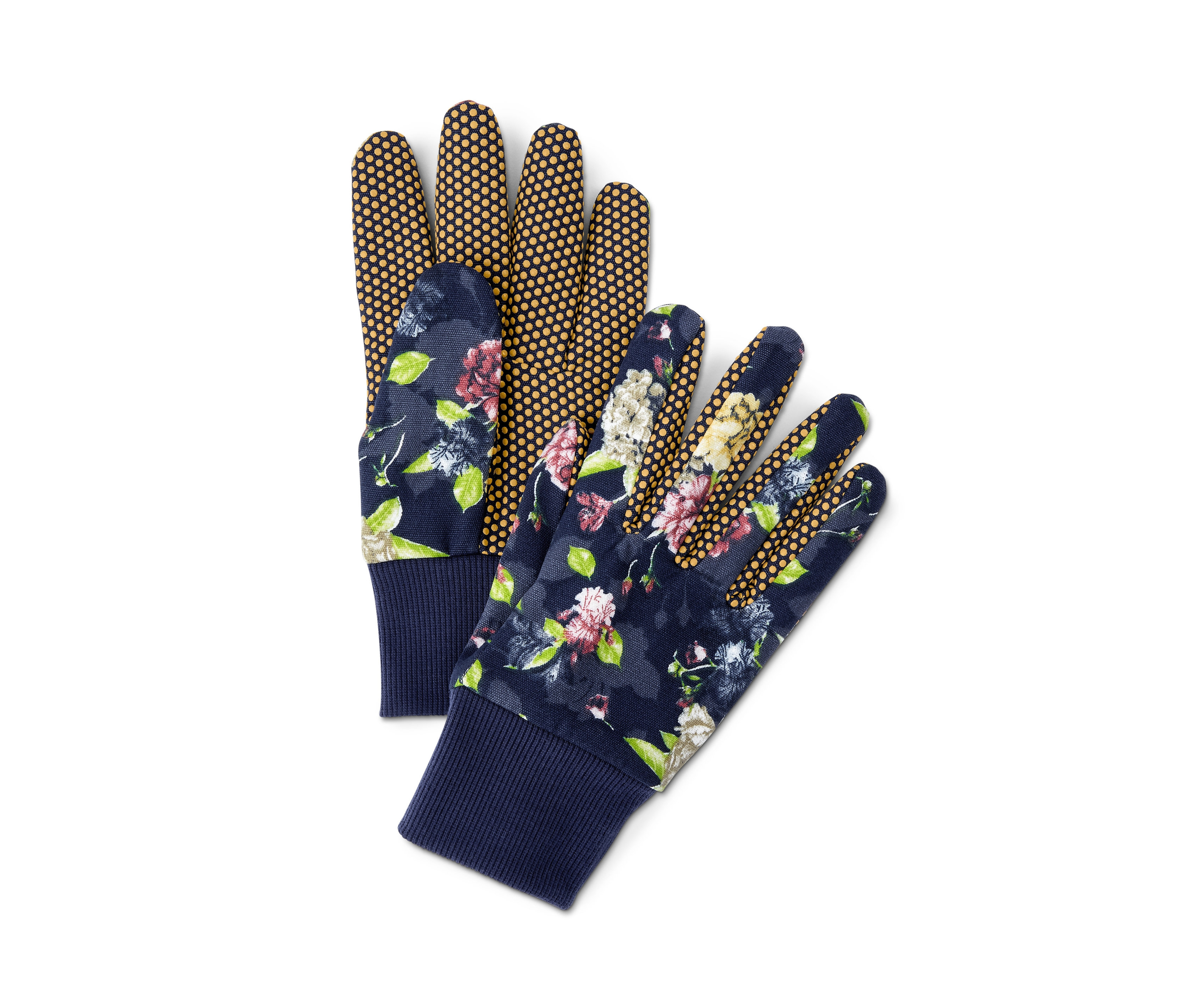 Dwie rękawice ogrodowe we wzór kwiatowy z żółtymi kropkami.