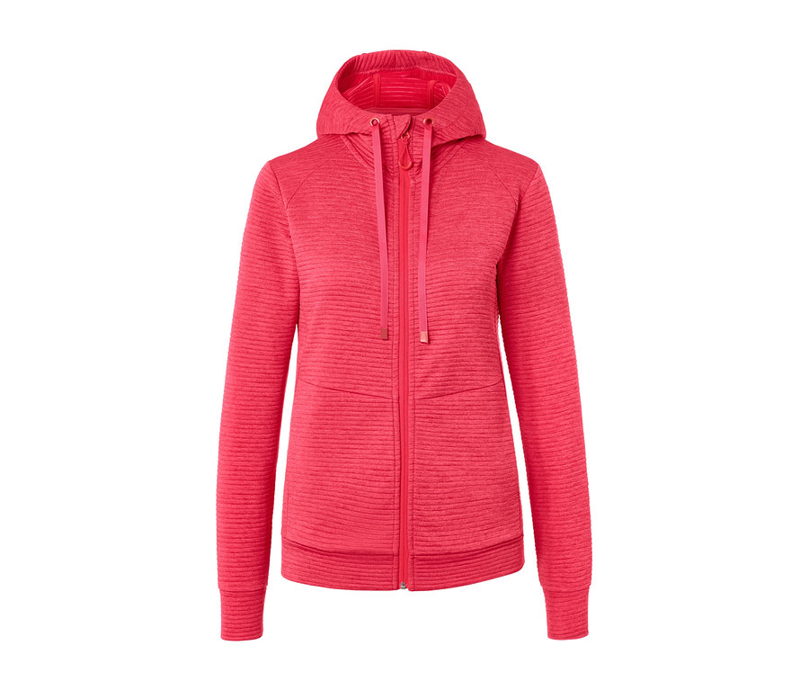 Różowa kurtka z kapturem zapinana na zamek błyskawiczny pośrodku.