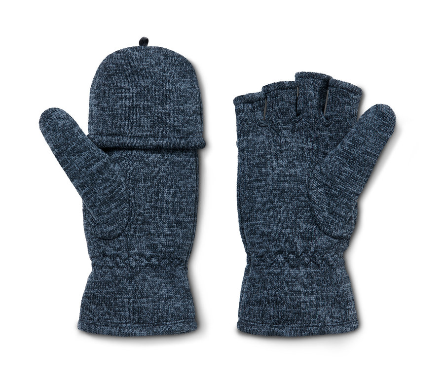 Dwie niebieskie rękawice-łapawice z dzianiny polarowej.