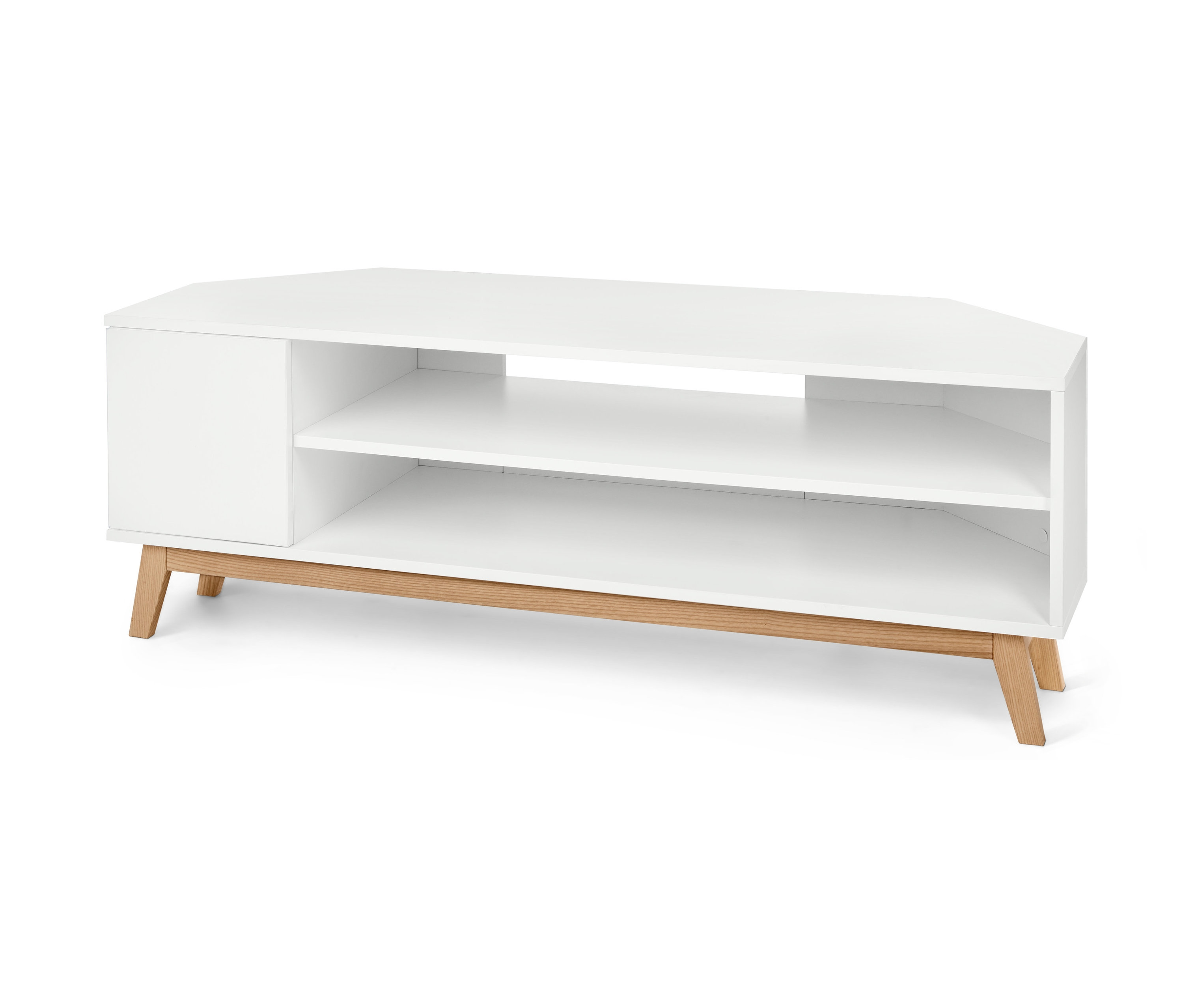 Narożna niska szafka z drzwiami i dwiema półkami.