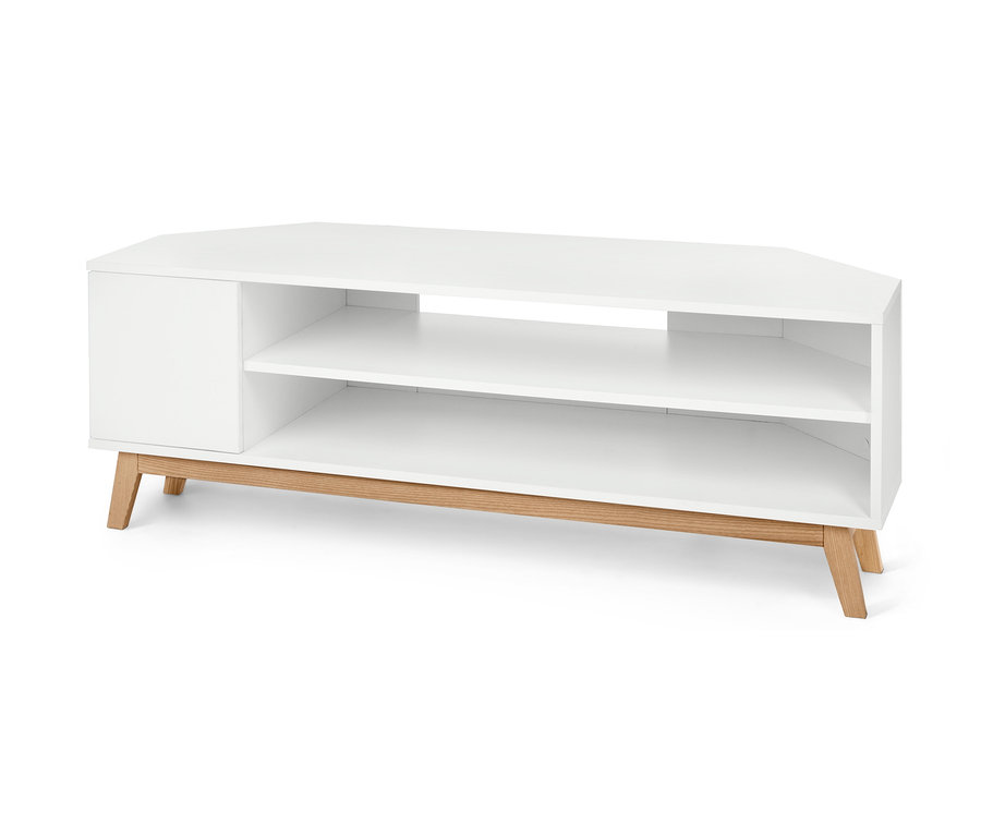 Narożna niska szafka z drzwiami i dwiema półkami.