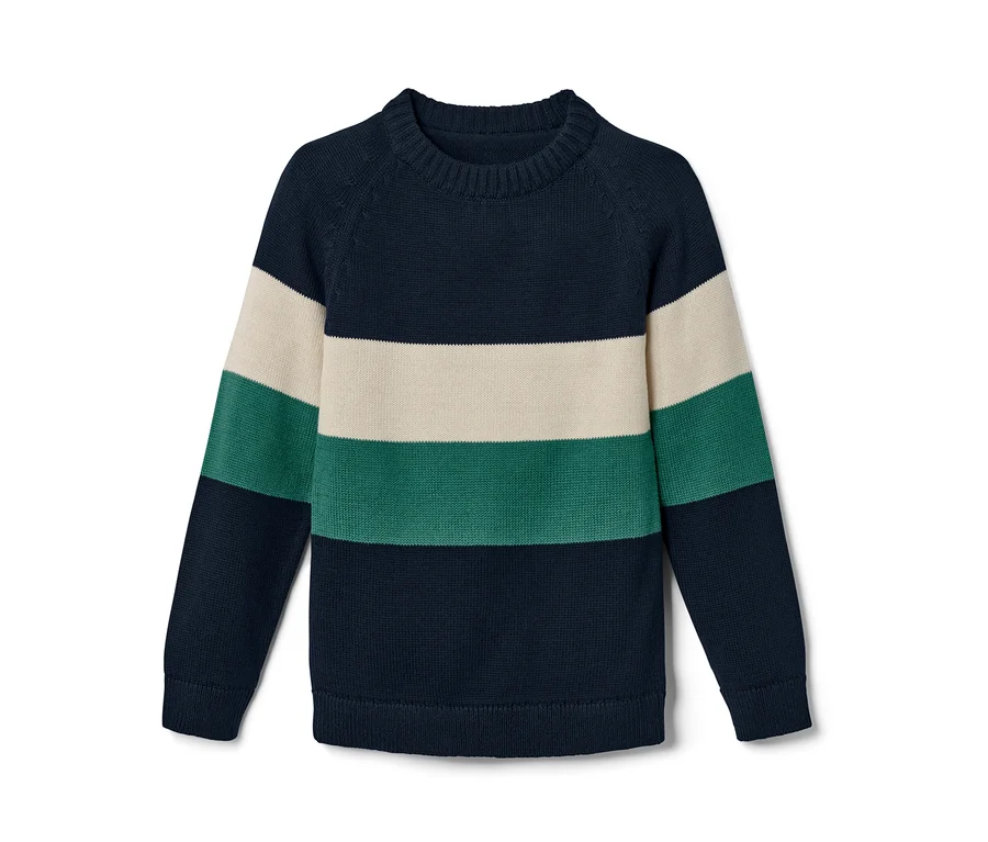Sweter z dzianiny w granatowe, beżowe i zielone paski.