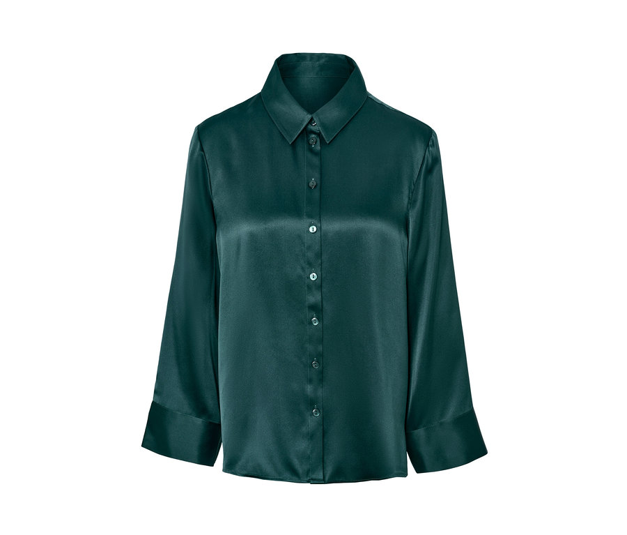 Ciemnozielona góra od piżamy z czystego jedwabiu z kołnierzykiem i guzikami.