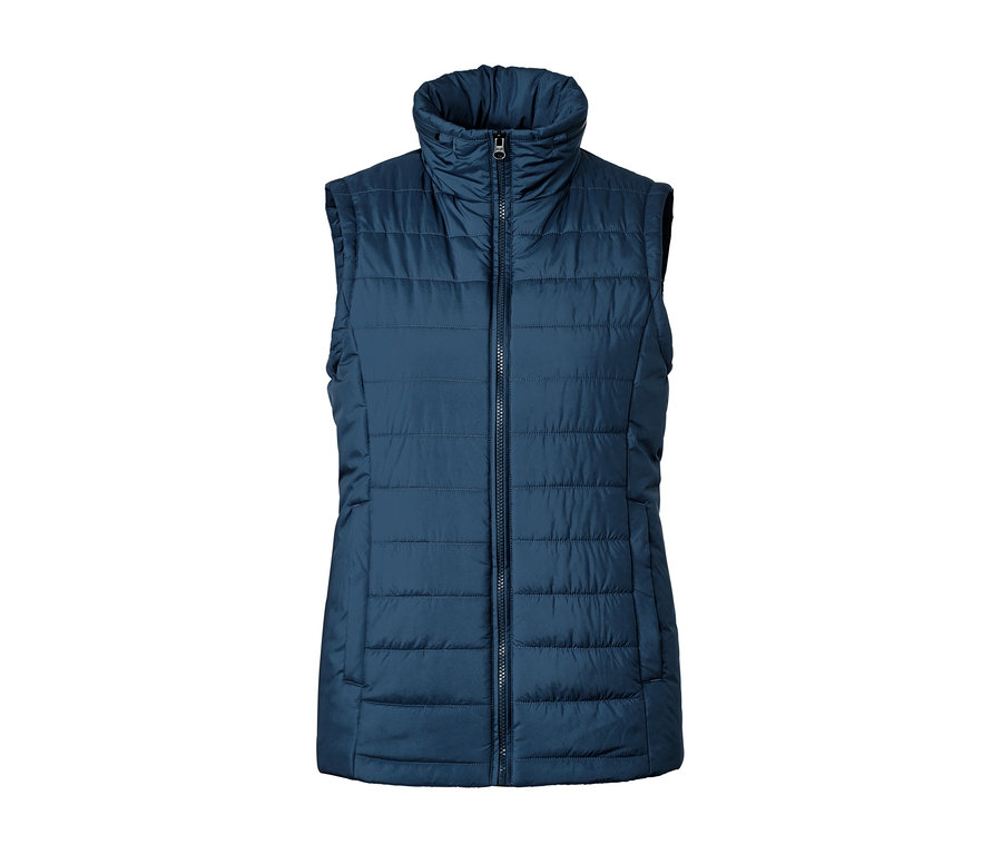 Granatowa kamizelka pikowana zapinana na zamek błyskawiczny.