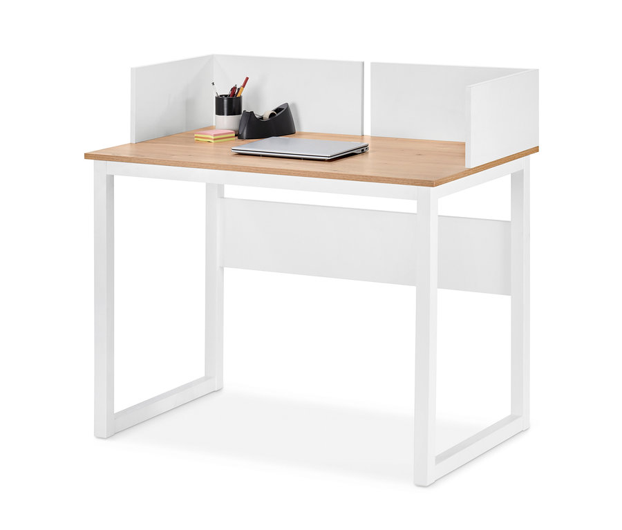 Białe biurko z bocznym obramowaniem, na którym leży laptop, obok długopis, ołówek i taśma klejąca.