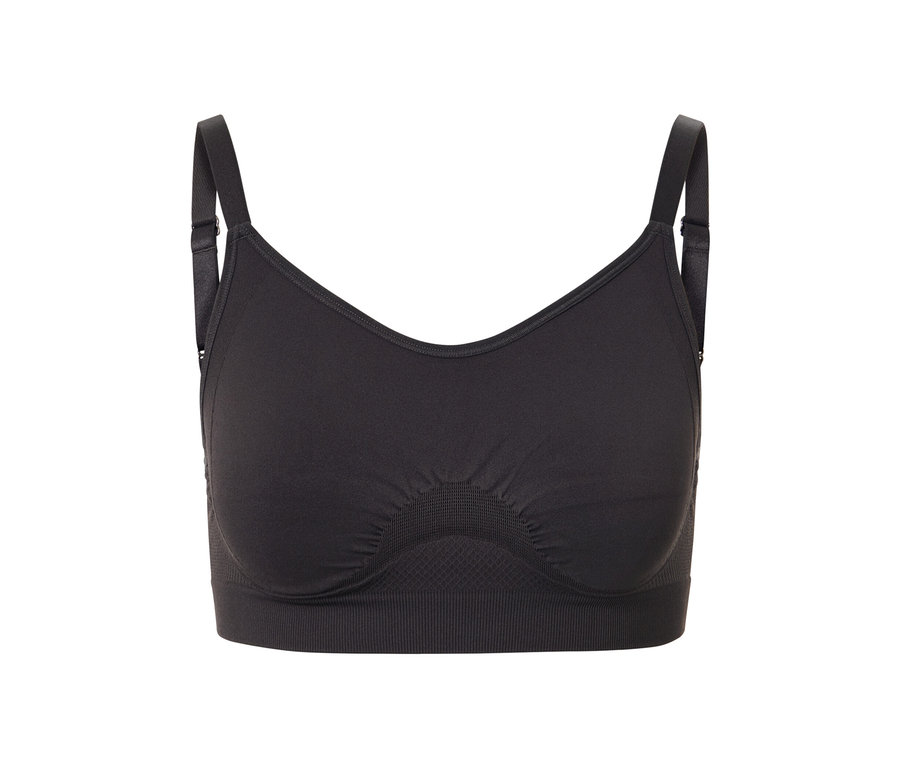 Zbliżenie na brązowy, bezszwowy biustonosz sportowy z dwuczęściowego zestawu.