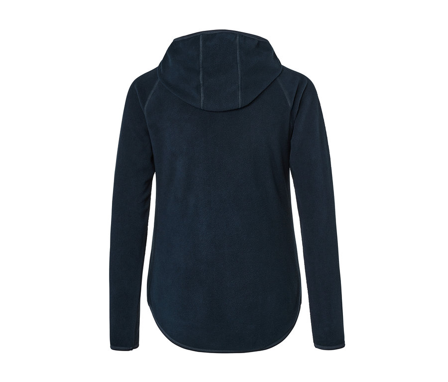 Granatowa bluza polarowa z kapturem widziana z tyłu.