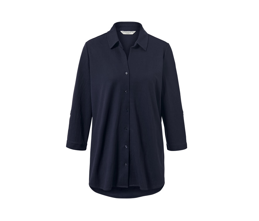 Granatowa bluzka z dżerseju piqué z guzikami i rękawami trzy czwarte.