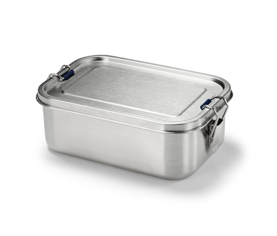 Srebrny pojemnik spożywczy ze stali nierdzewnej.