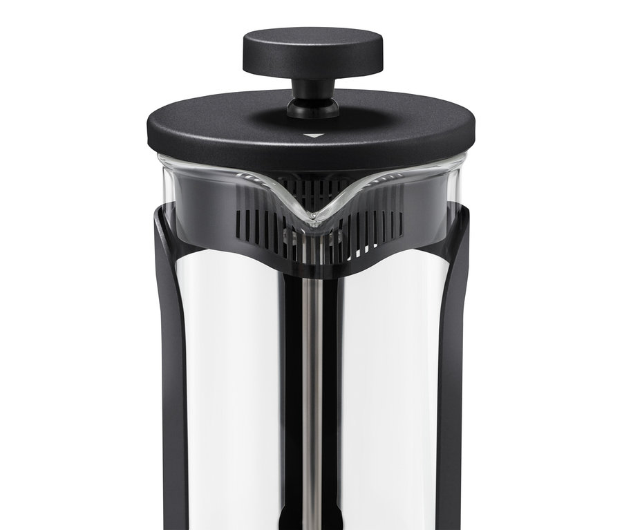 Detal czarnego zaparzacza tłokowego o pojemności 300 ml na 2 filiżanki.