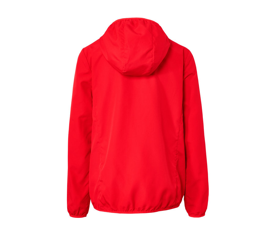 Widok z tyłu czerwono-pomarańczowej lekkiej kurtki funkcyjnej »pack me«.