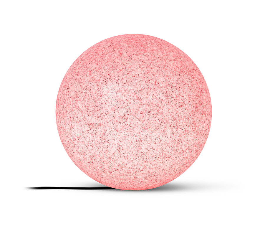 Lampa w kształcie kuli zmieniająca kolory, ok. 45 cm, na białym tle.