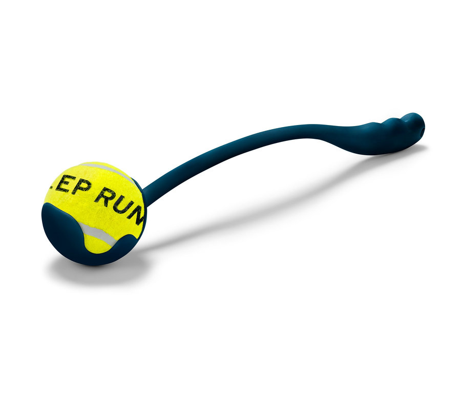 Wyrzutnia piłek z żółtą piłką tenisową i niebieską rączką.