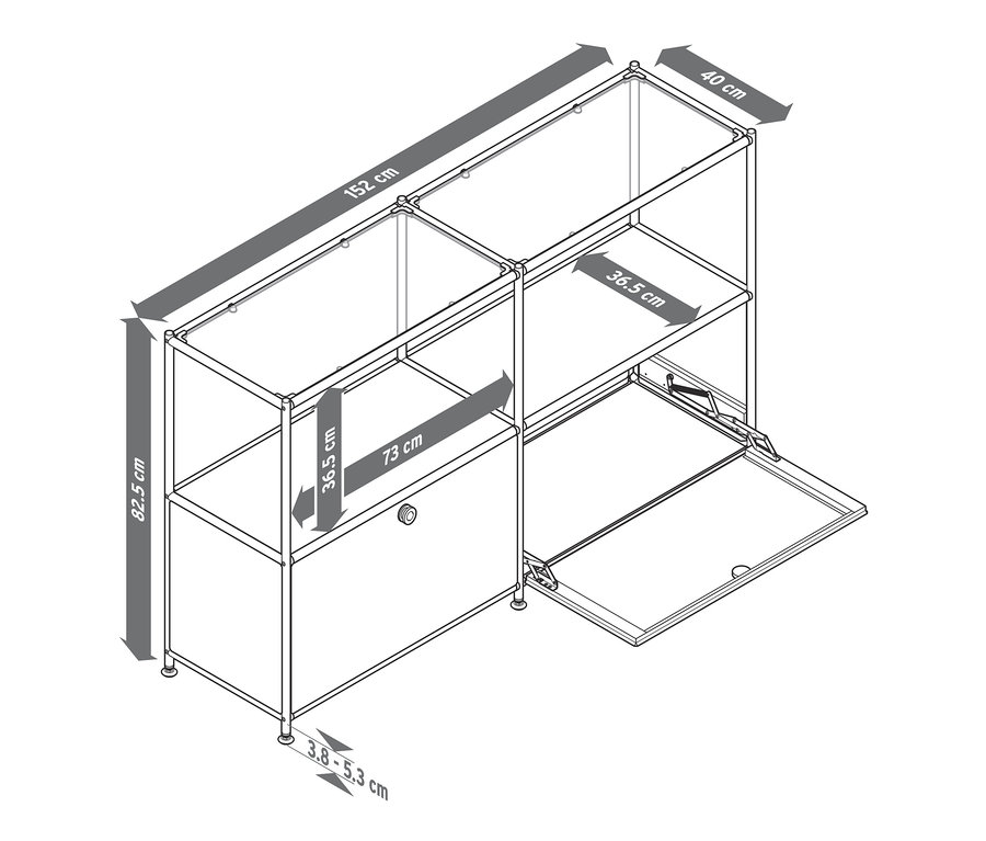 Rysunek szarobeżowej metalowej szafki typu sideboard „CN3” z 2 klapami i szklaną półką.