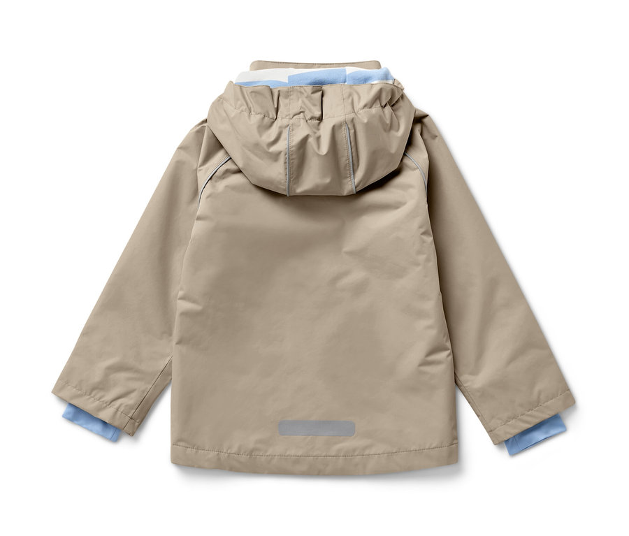 Beżowa kurtka przeciwdeszczowa dla dzieci, widok z tyłu.
