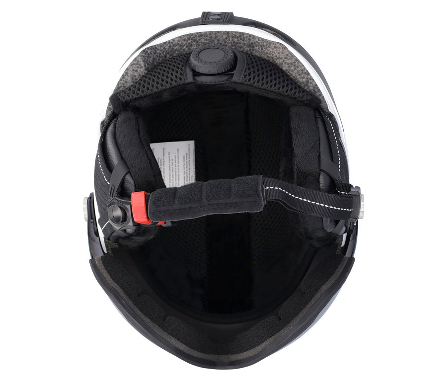 Widok z góry na wnÄ™trze czarno-biaÅ‚ego kasku.