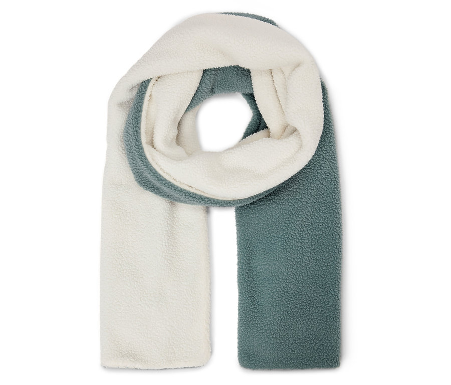 Dwu kolorowy szalik, kremowy i niebiesko-zielony.