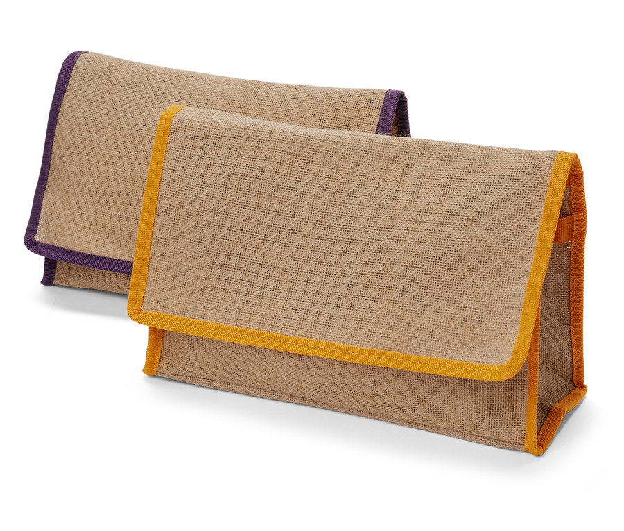 Dwie torby do przechowywania z grubego materiału z kolorowymi brzegami.