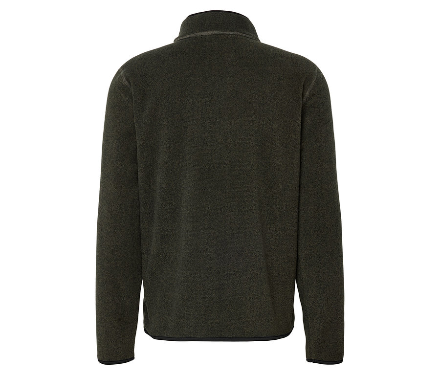 Tył oliwkowo-zielonej bluzy polarowej zapinanej na zamek pod szyją.