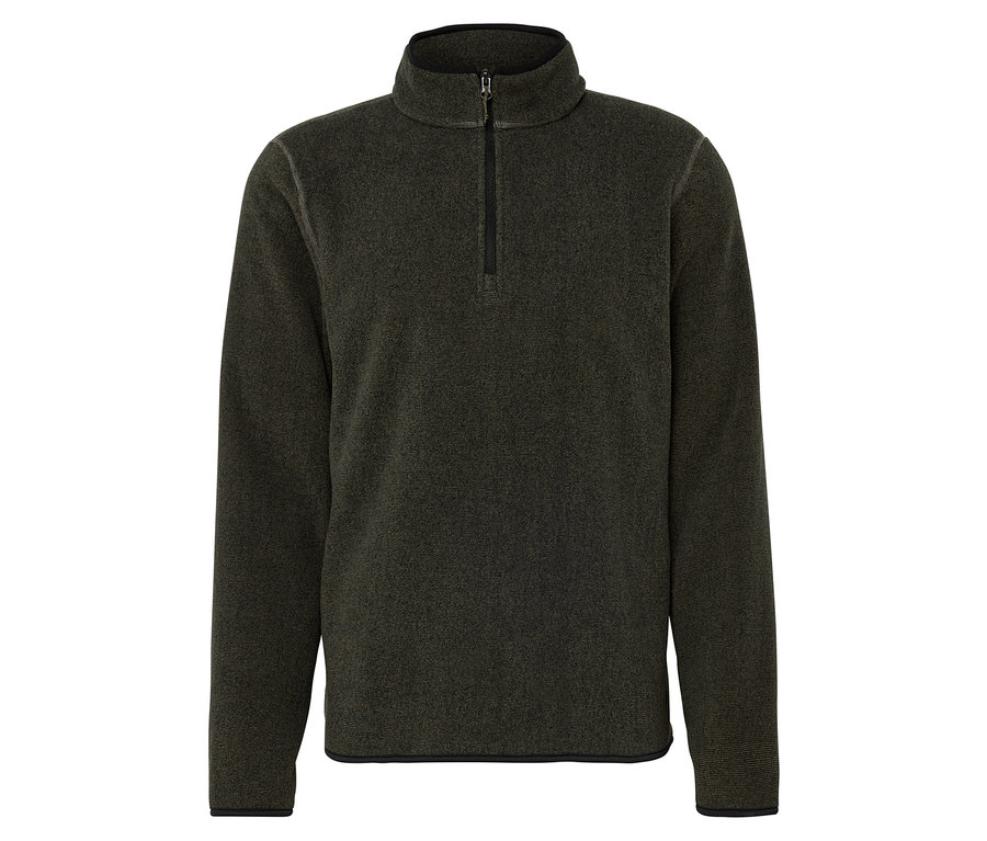 Ciemnozielona bluza polarowa z krótkim zamkiem błyskawicznym.