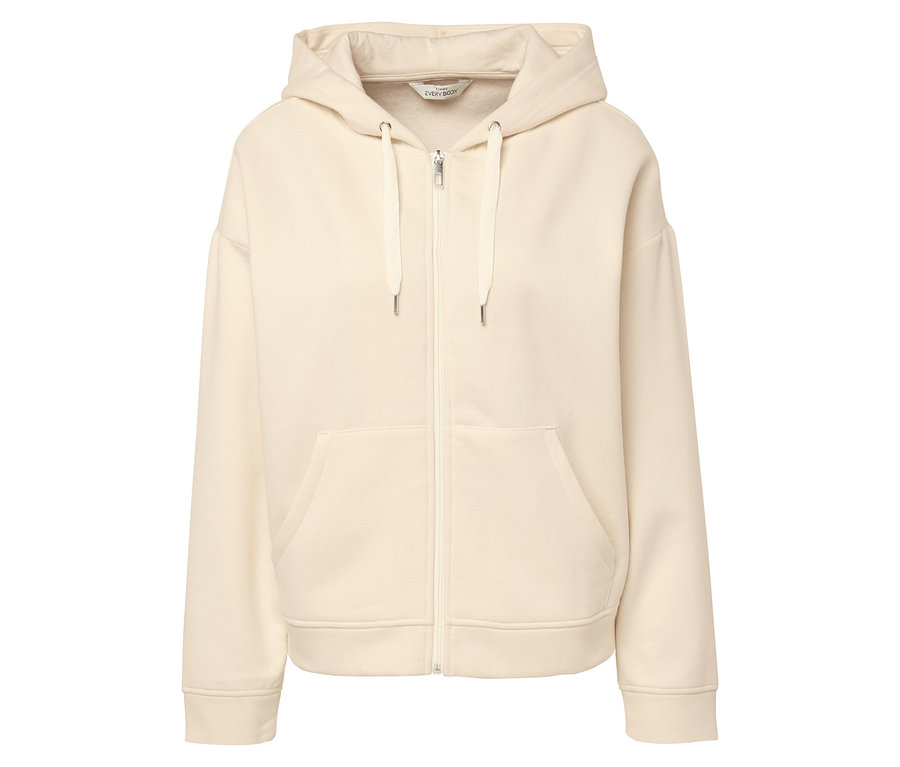 Kremowa bluza z kapturem i zamkiem błyskawicznym.