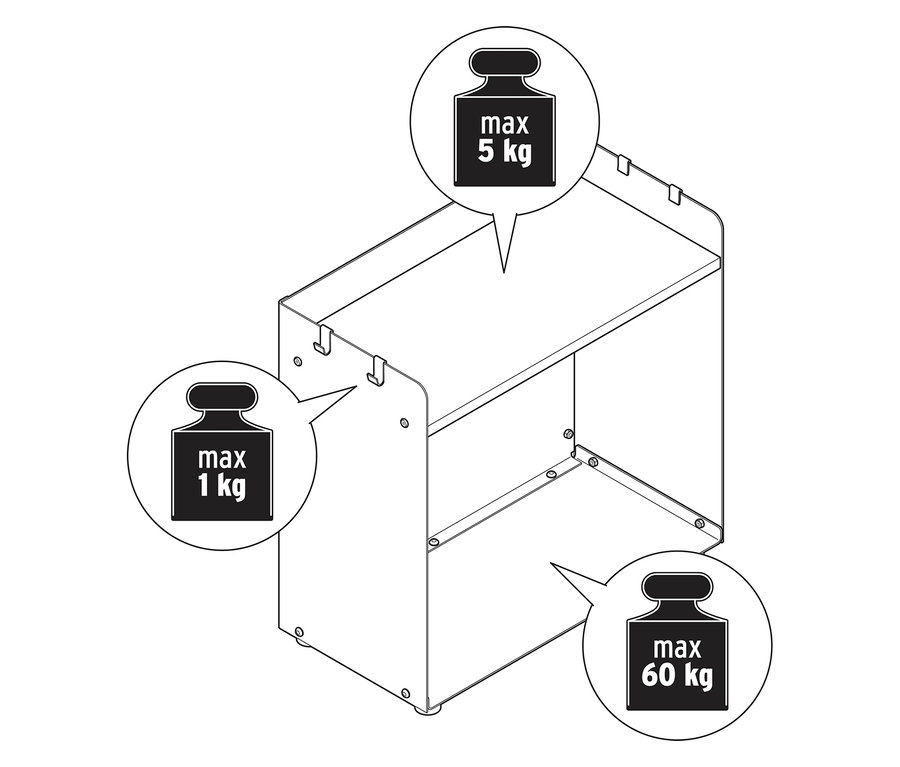 Szkic szerokiego regału na drewno kominkowe z powierzchnią do przechowywania i maksymalnym obciążeniem 1 kg, 5 kg i 60 kg.