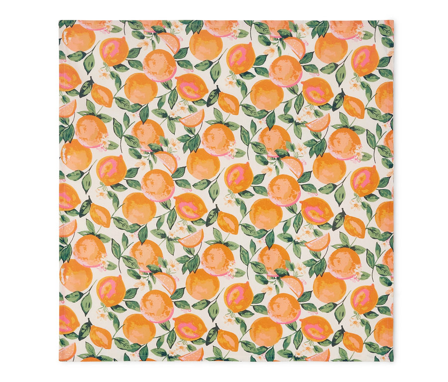Pomarańczowy obrus ogrodowy we wzór cytrusów, ok. 90 x 90 cm.