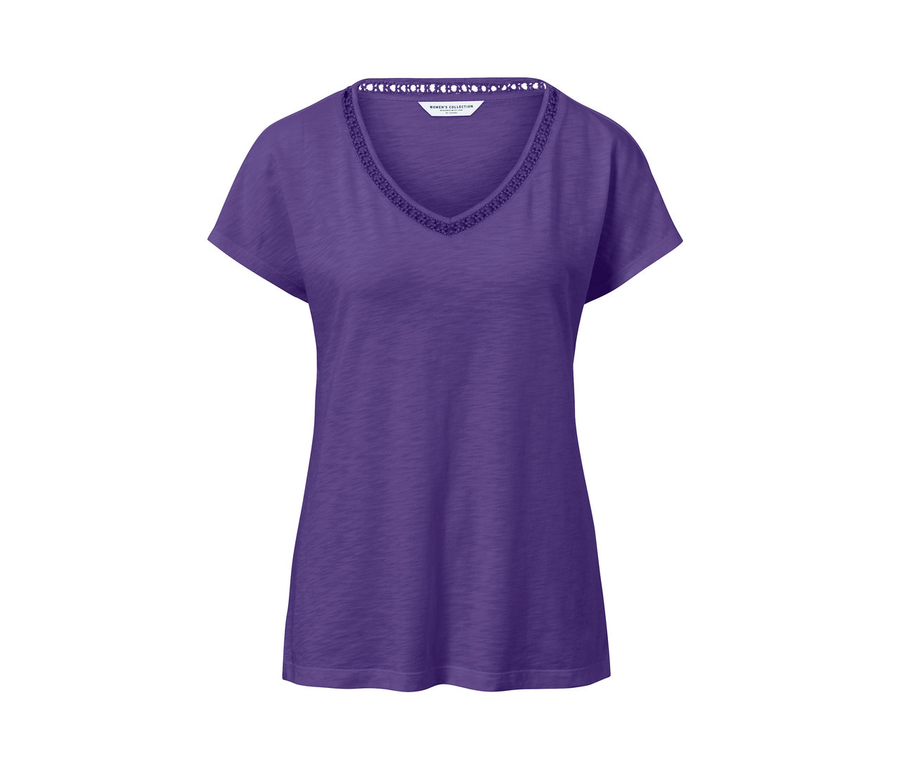 Liliowa bluzka z mieszanki modalu z krótkimi rękawami i dekoltem w serek.