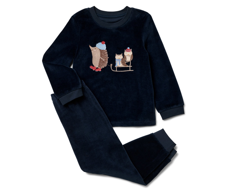 Niebieska piżama z aksamitu z jeżem ciągnącym sanki z sową.