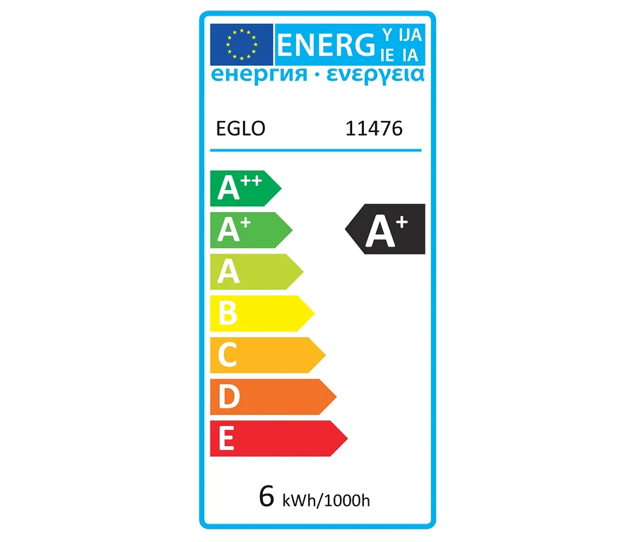 Etykieta energetyczna EGLO z klasami od A++ do E i zużyciem 6 kWh/1000h.