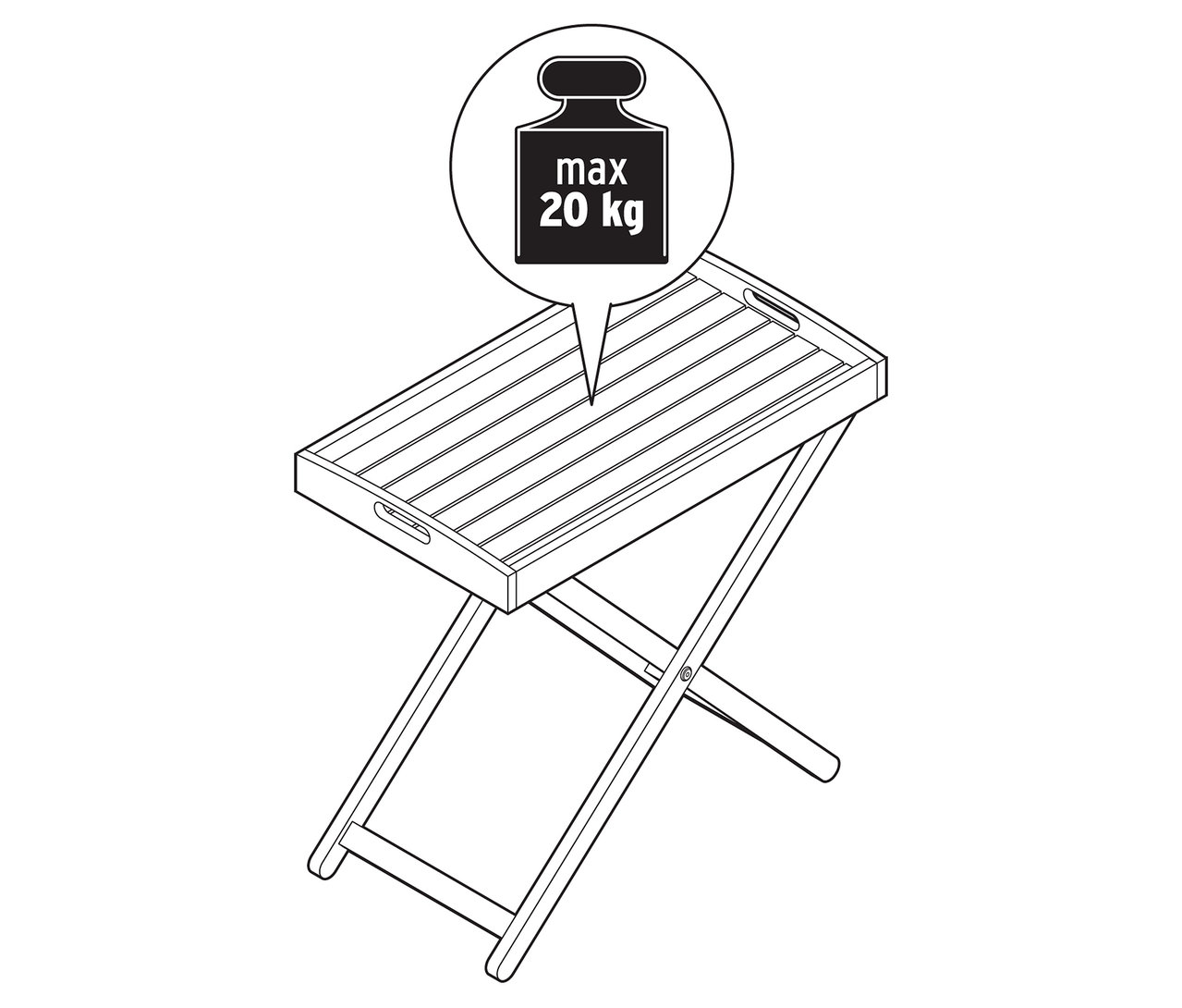 Czarno-biała ilustracja składanego stolika z maksymalnym obciążeniem 20 kg.