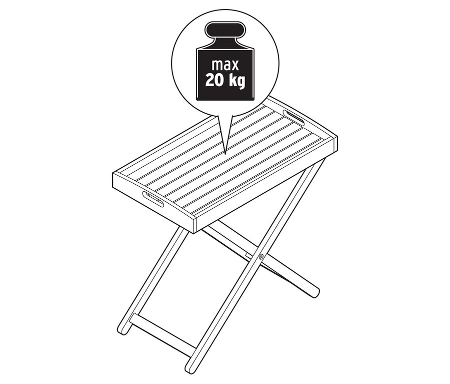 Czarno-biała ilustracja składanego stolika z maksymalnym obciążeniem 20 kg.