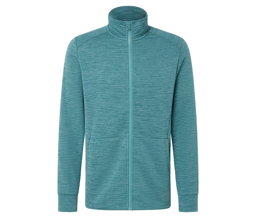 Aquamarinowa kurtka polarowa zapinana na zamek błyskawiczny ze stójką.