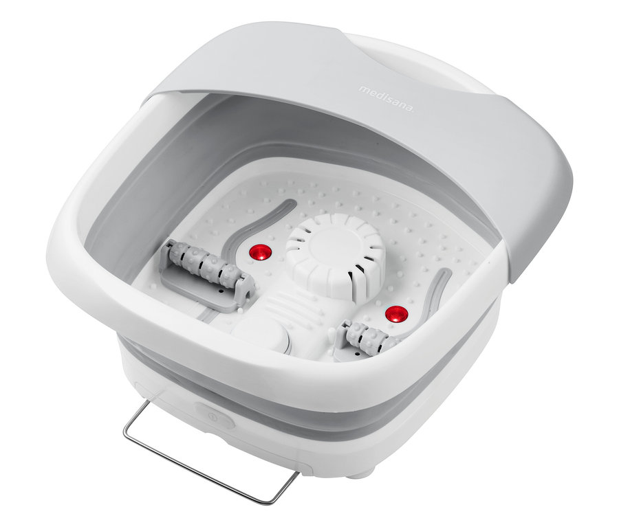 Szaro-biała wanna do stóp Medisana z rolkami.
