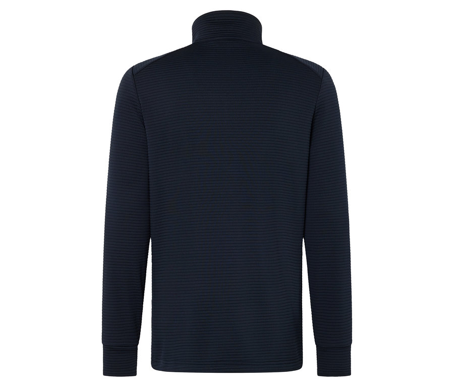 Widok z tyłu granatowej koszulki z długim rękawem i golfem.