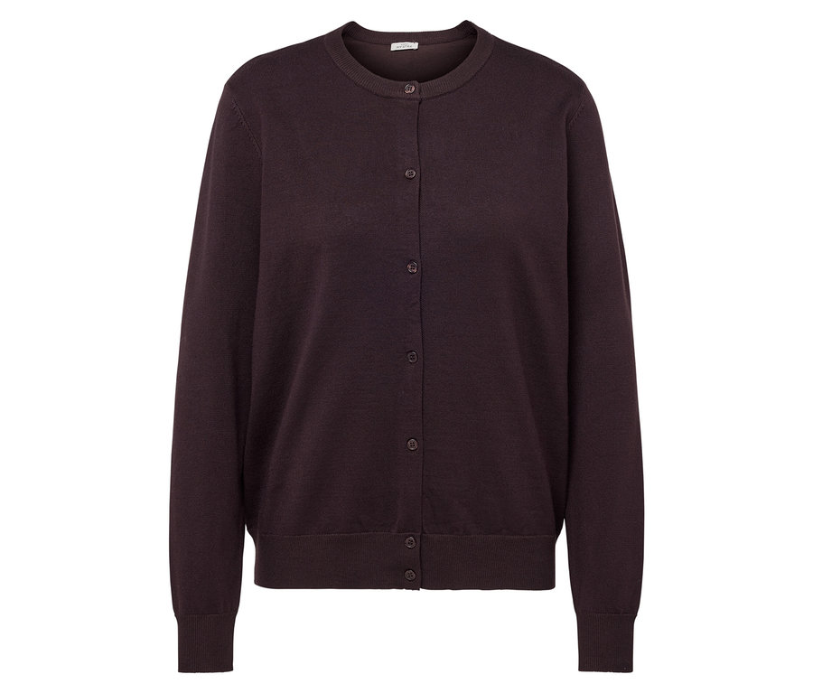 Brązowy rozpinany sweter z długimi rękawami i guzikami.