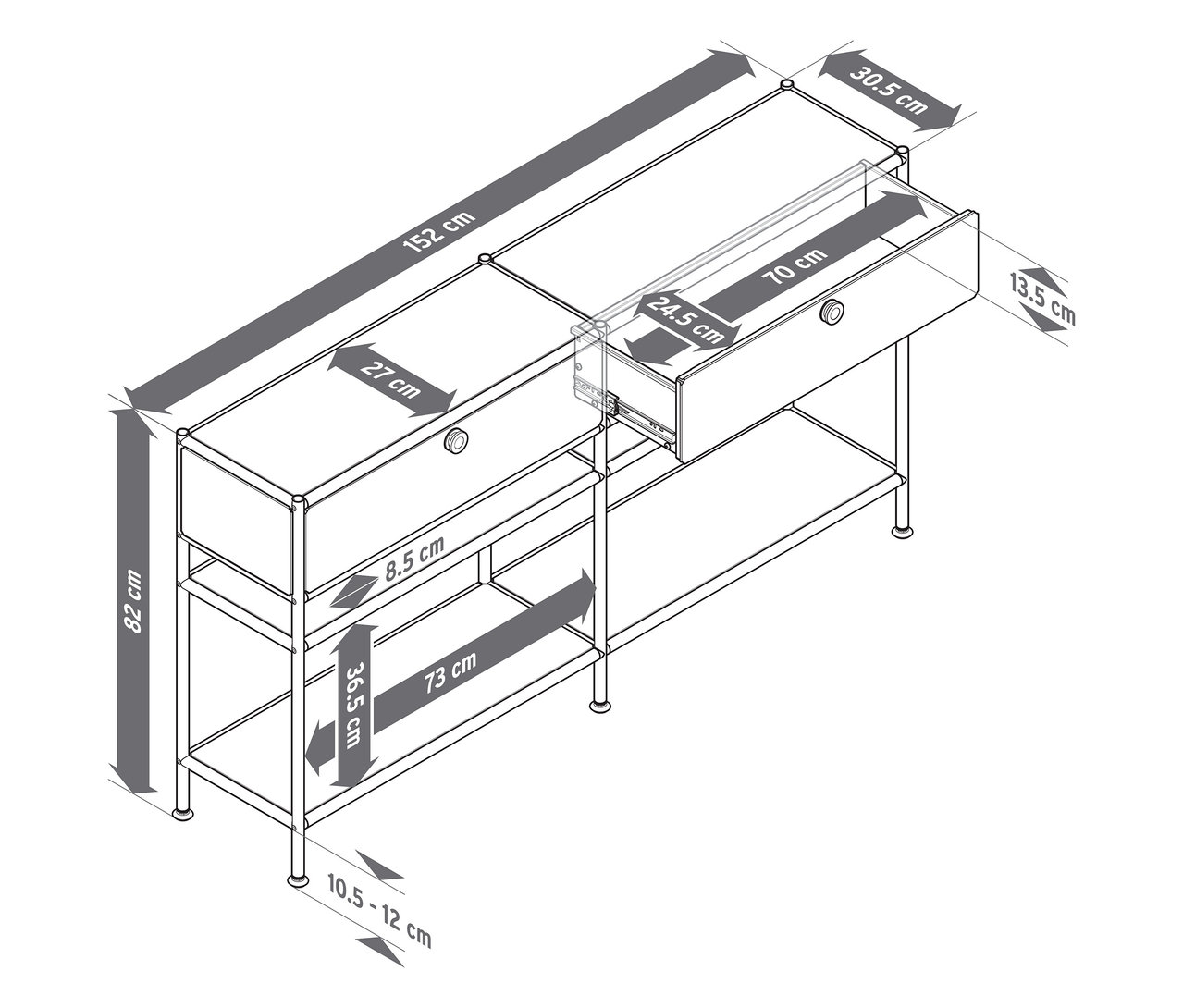 Widok z góry metalowej konsoli „CN3 Slim Line” z dwiema szufladami, z których jedna jest otwarta. Podane wymiary.