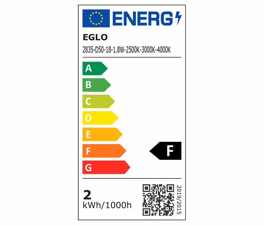 Etykieta energetyczna akumulatorowej lampy stołowej LED Eglo „Mannera” z klasą efektywności energetycznej F i zużyciem 2 kWh/1000h.