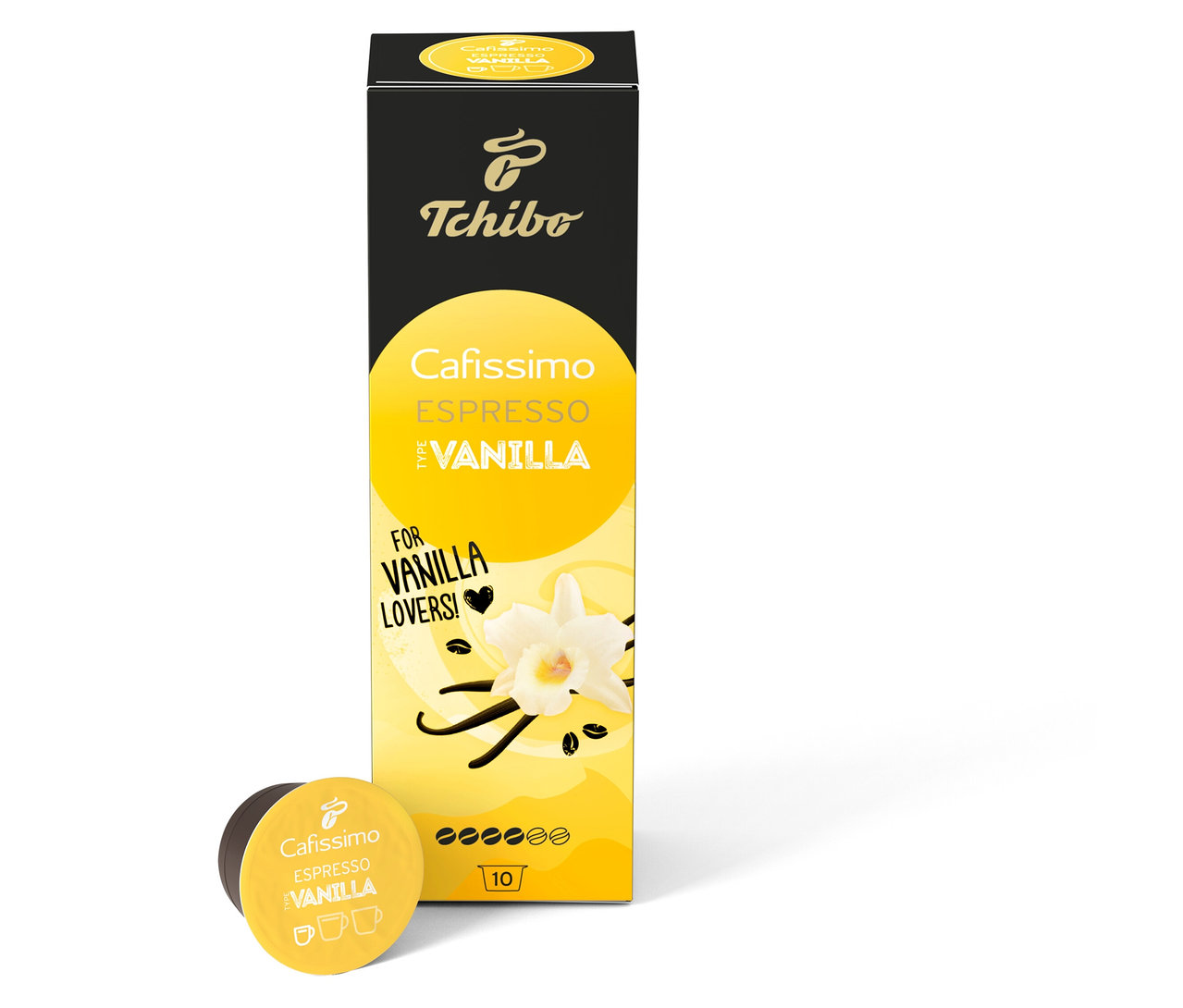 Pudełko Cafissimo Flavoured Espresso - Vanilla - 10 kapsułek i pojedyncza kapsułka na białym tle.